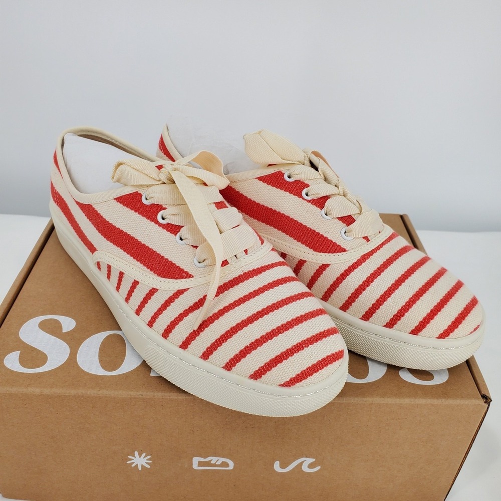 Soludos Marin Stripe Canvas Sneaker Women 7 Poppy Red Cream Low Top Round Toe